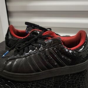 Adidas Black Sequin Sneakers with Bold Red Interior